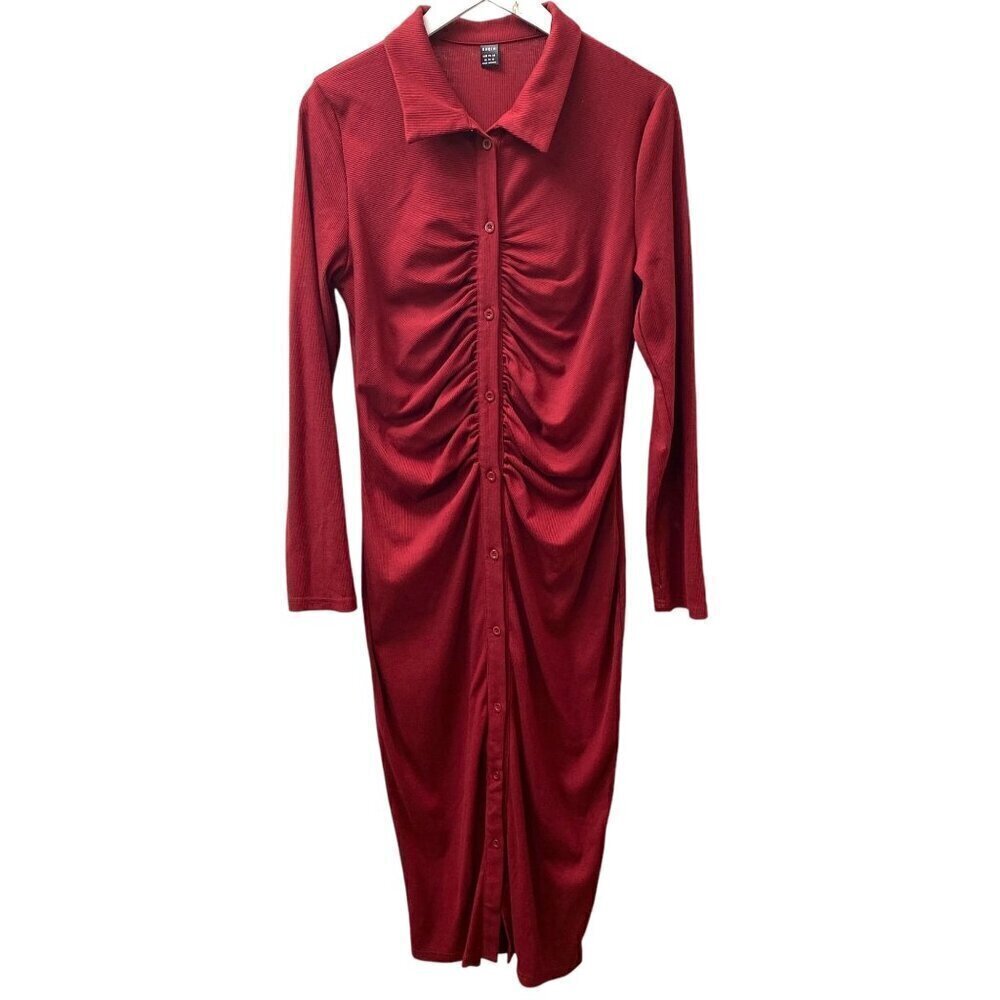 Ruched Red Midi Dress XL Stretch Ruched Rib Knit Long Bodycon Shirtdress Shein